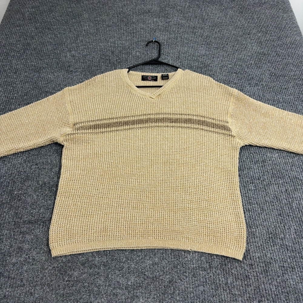 Vintage American Eagle Sweater Mens L Tan Ramie Cotton V Neck Striped Waffle